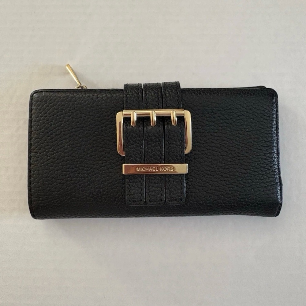 Michael Kors Black Pebbled Leather Continental Wallet with Gold Buckle